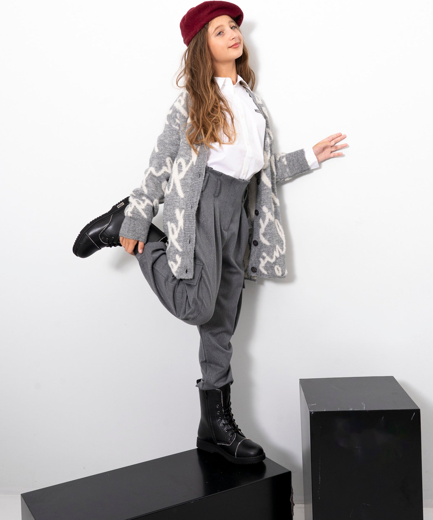 Pinko Kids Cardigan Grigio con Logo All-over per Bambine