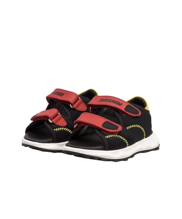 Dsquared2 Kids Sandalo Nero/Rosso/Giallo con Chiusura a Strappo per Bambini