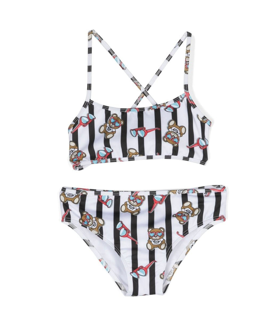 Moschino Kids Costume Bikini Bianco/Nero con Teddy Bear per Bambine (fronte)