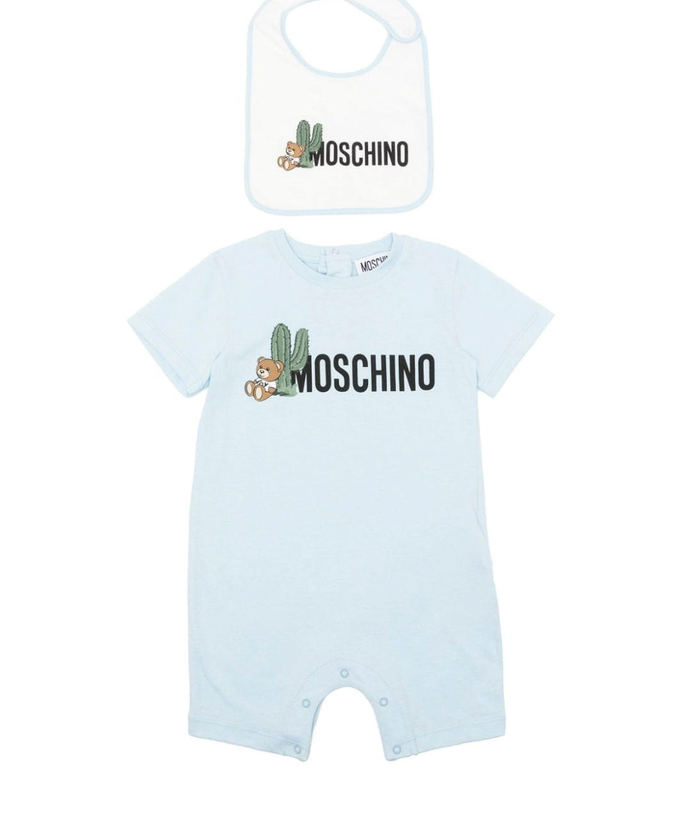 Moschino Kids Pagliaccetto Cielo con Bavetta per Neonati (fronte)