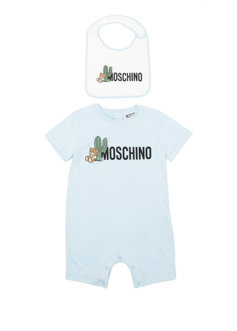 Moschino Kids Pagliaccetto Cielo con Bavetta per Neonati (fronte)