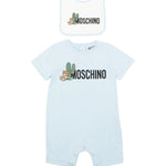 Moschino Kids Pagliaccetto Cielo con Bavetta per Neonati (fronte)