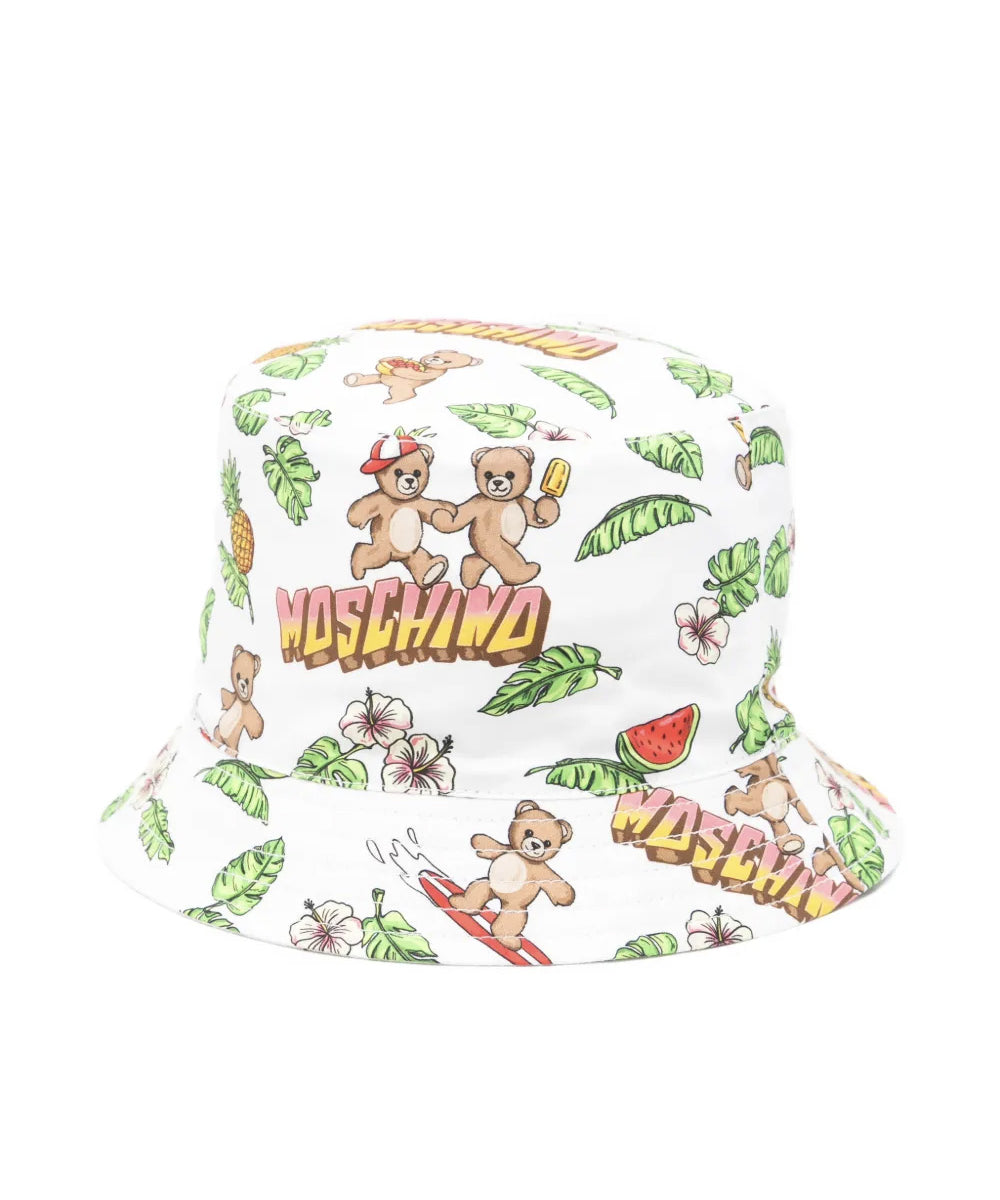 Moschino Kids Cappello Bianco con Fantasia Hawaii All-Over per Neonati