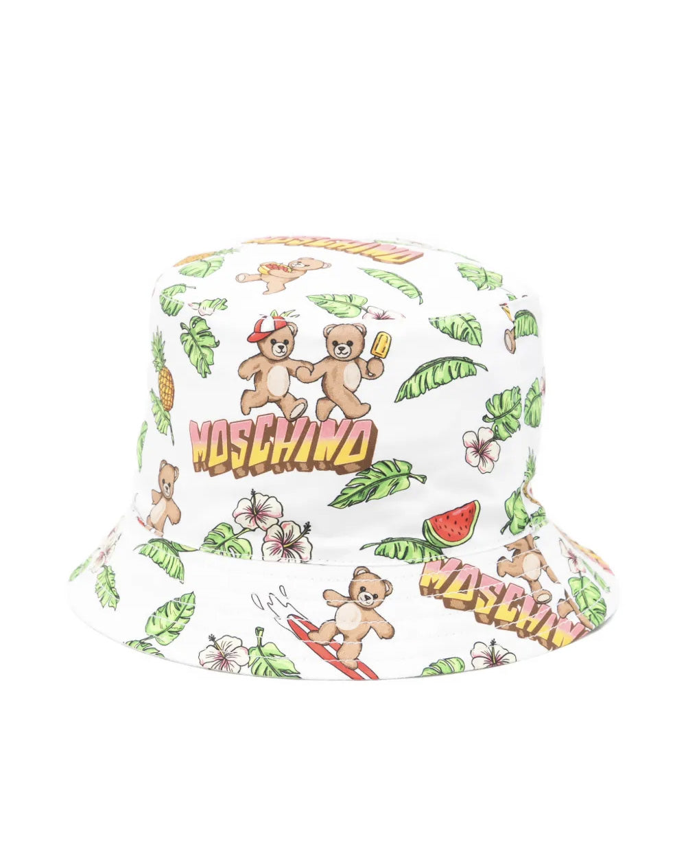 Moschino Kids Cappello Bianco con Fantasia Hawaii All-Over per Neonati