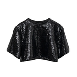 Pinko Kids Top Nero Cropped con Pailettes e Charm per Bambine