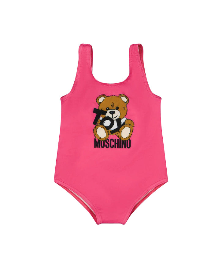 Moschino Kids Costume Monokini Fucsia con Stampa per Neonate
