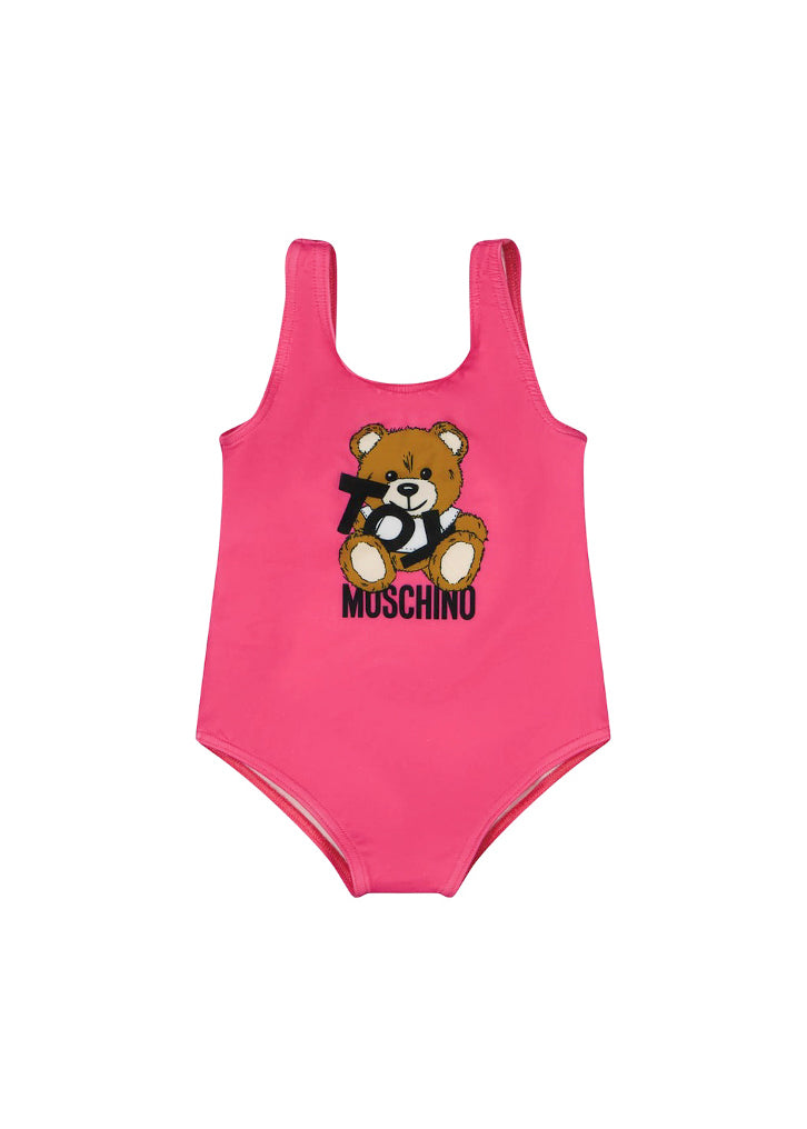 Moschino Kids Costume Monokini Fucsia con Stampa per Neonate