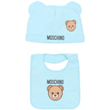Moschino Kids Set Cappello e Bavetta Celeste con Stampa Logo Teddy per Neonati