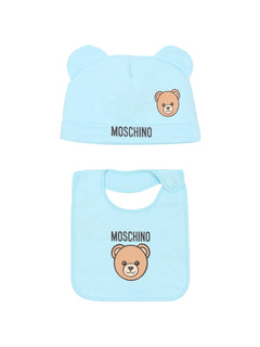Moschino Kids Set Cappello e Bavetta Celeste con Stampa Logo Teddy per Neonati
