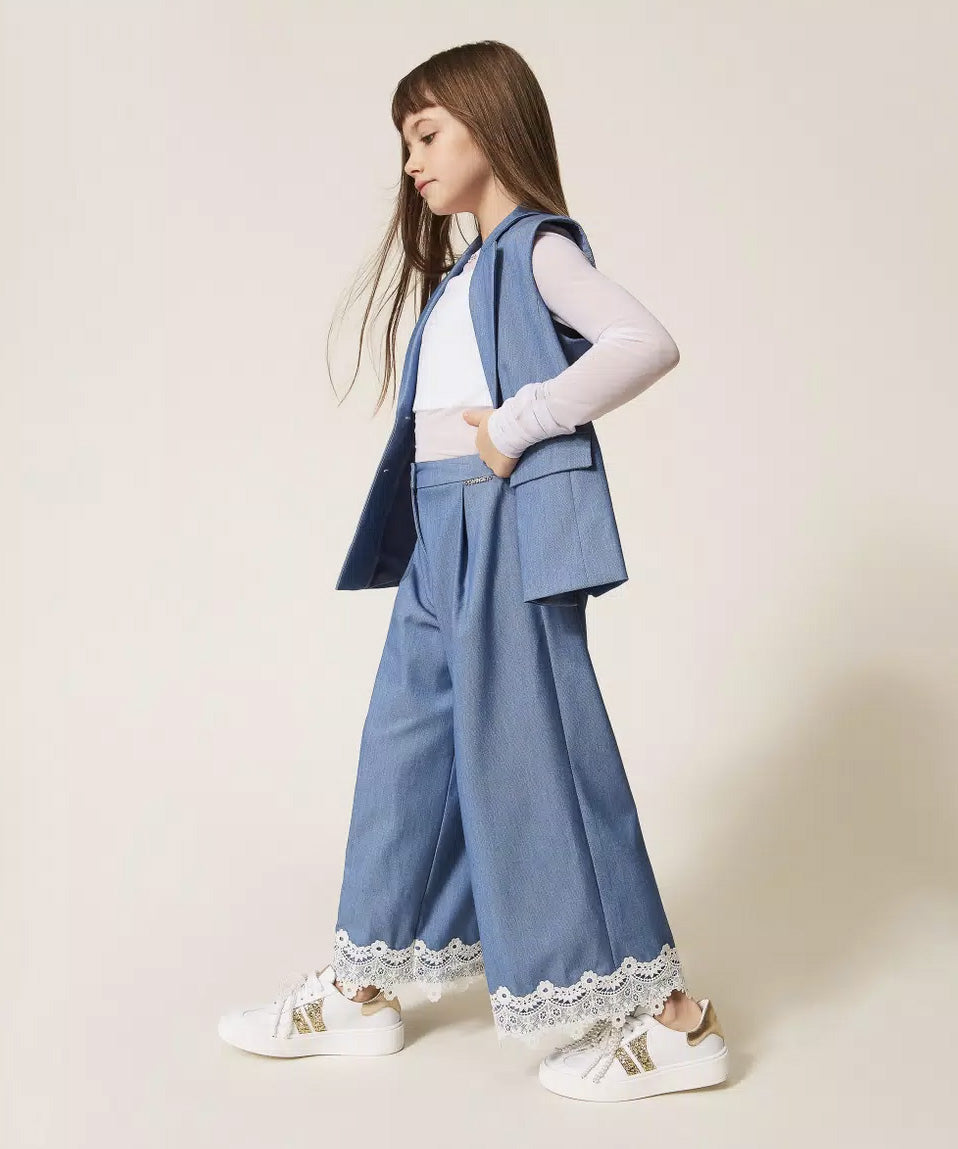 Twinset Kids Pantalone Cielo con Dettagli in Pizzo per Bambine