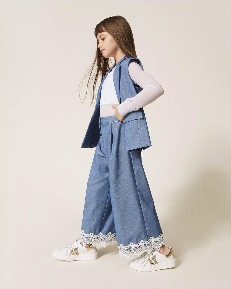 Twinset Kids Pantalone Cielo con Dettagli in Pizzo per Bambine