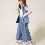 Twinset Kids Pantalone Cielo con Dettagli in Pizzo per Bambine