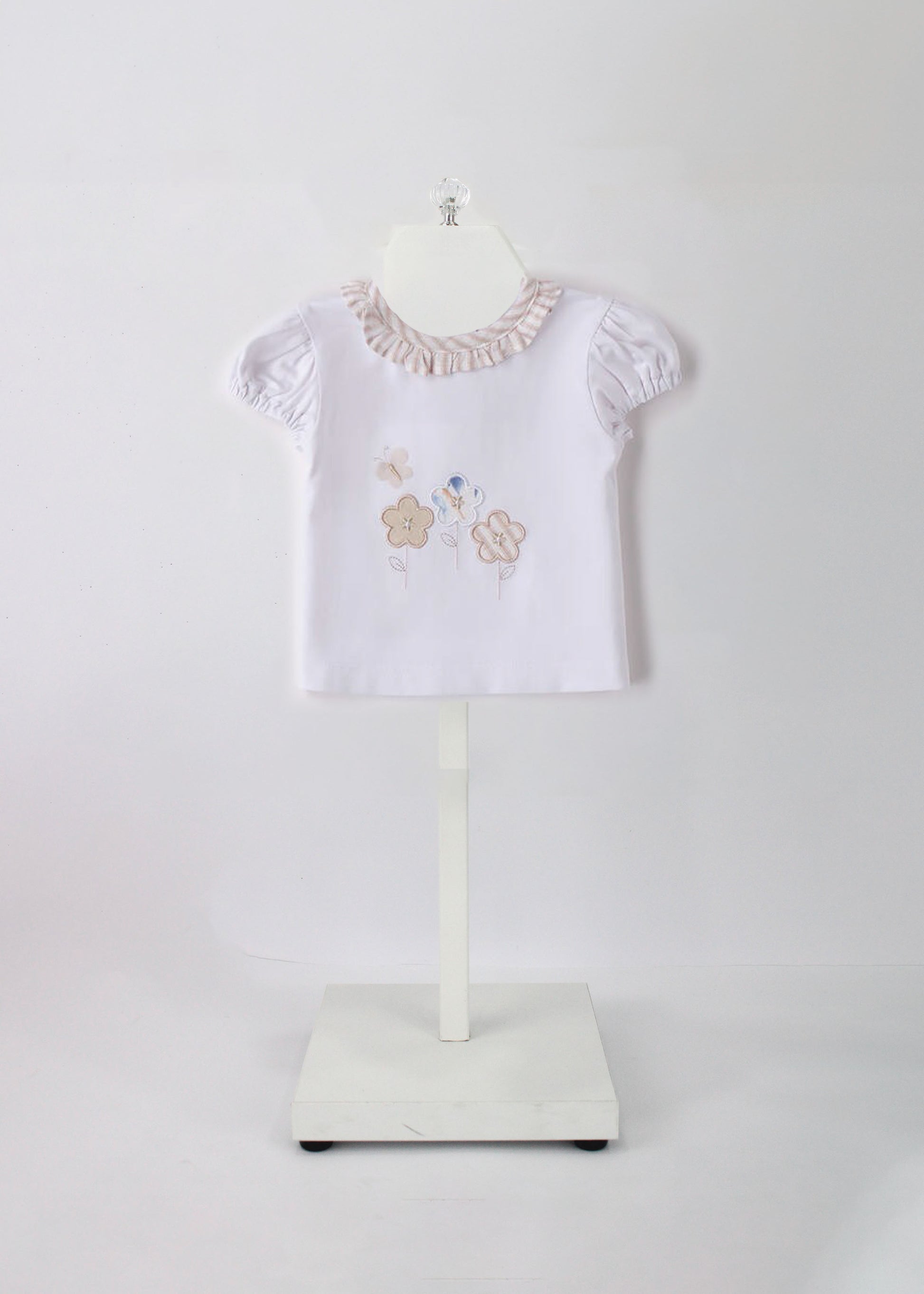 Minibanda T-Shirt Bianca con Ricami Beige per Neonate