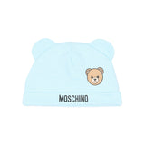 Moschino Kids Set Nascita Celeste con Tutina, Cappellino e Bavaglino con Stampa Teddy Bear e Logo per Neonati