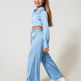 Twinset Kids Camicia con Pantaloni Azzurri in Raso per Bambine