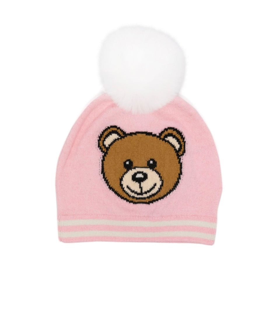 Moschino Kids Cappello in Maglia Rosa con Pon Pon per Neonate