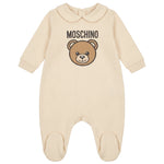 Moschino Kids Tutina Intera Beige in Cotone Unisex con Teddy Bear e Logo per Neonati