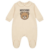 Moschino Kids Tutina Intera Beige in Cotone Unisex con Teddy Bear e Logo per Neonati