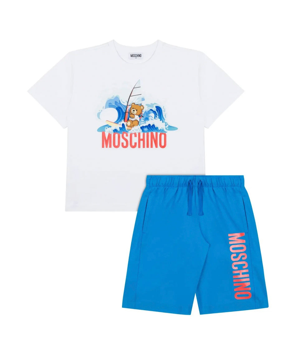 Moschino Kids T-Shirt Bianca con Shorts Azzurri con Stampa per Bambini
