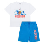 Moschino Kids T-Shirt Bianca con Shorts Azzurri con Stampa per Bambini