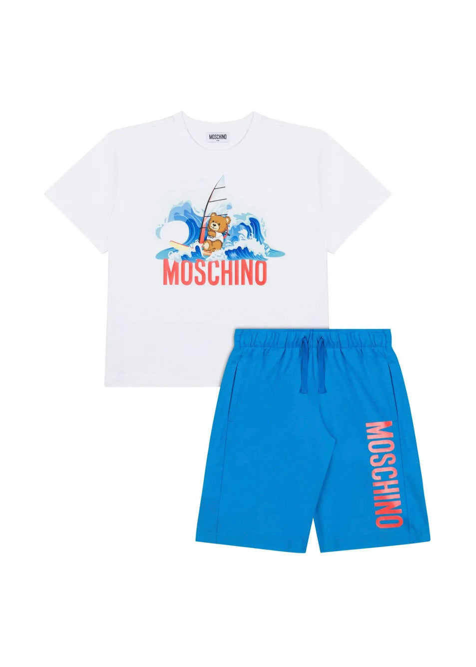 Moschino Kids T-Shirt Bianca con Shorts Azzurri con Stampa per Bambini