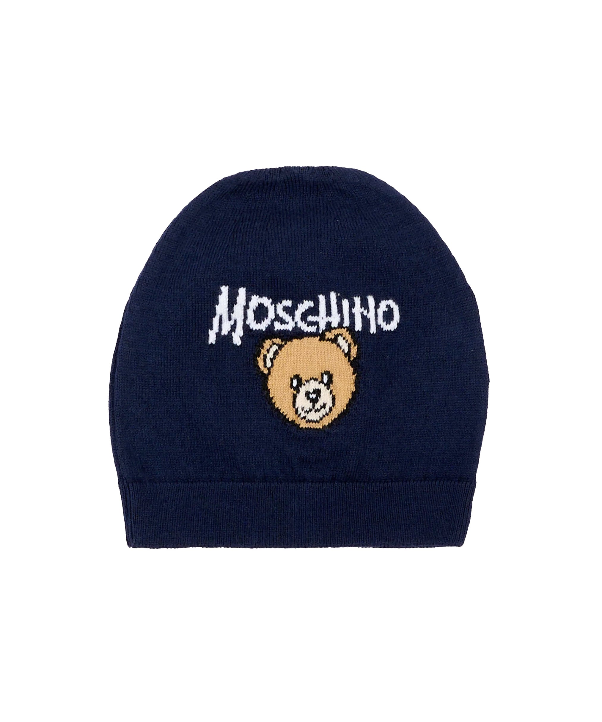 Moschino Kids Cappellino Blu in Maglia con Teddy Bear e Logo Unisex