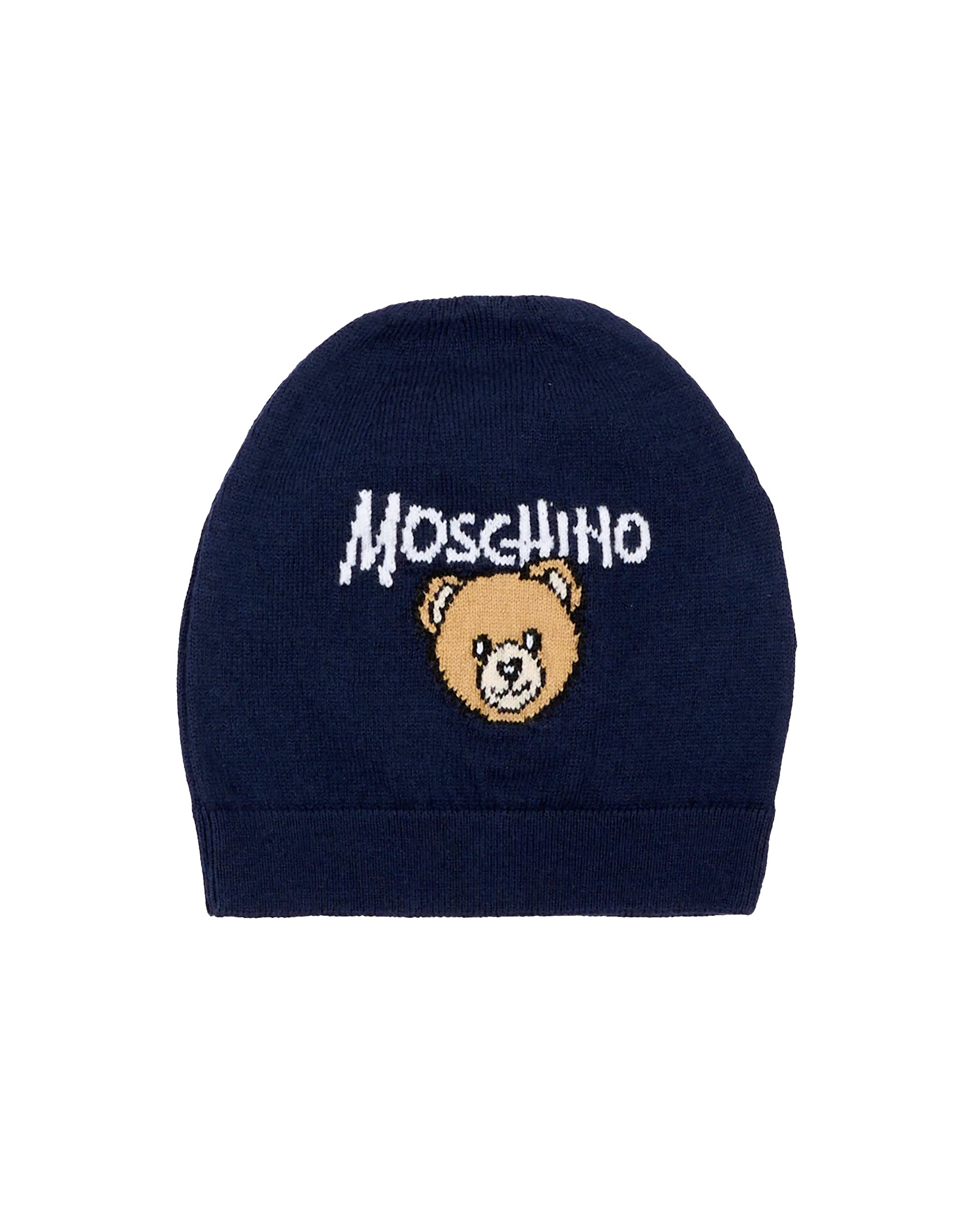 Moschino Kids Cappellino Blu in Maglia con Teddy Bear e Logo Unisex