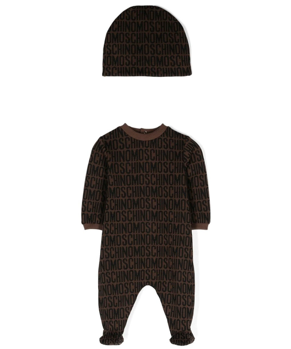 Moschino Kids Tutina Marrone con Cappellino Monogram per Neonate