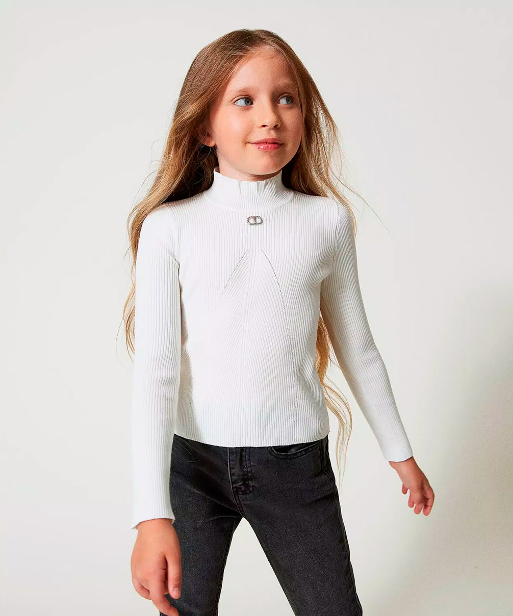 Twinset Kids Lupetto Bianco con Logo per Bambine