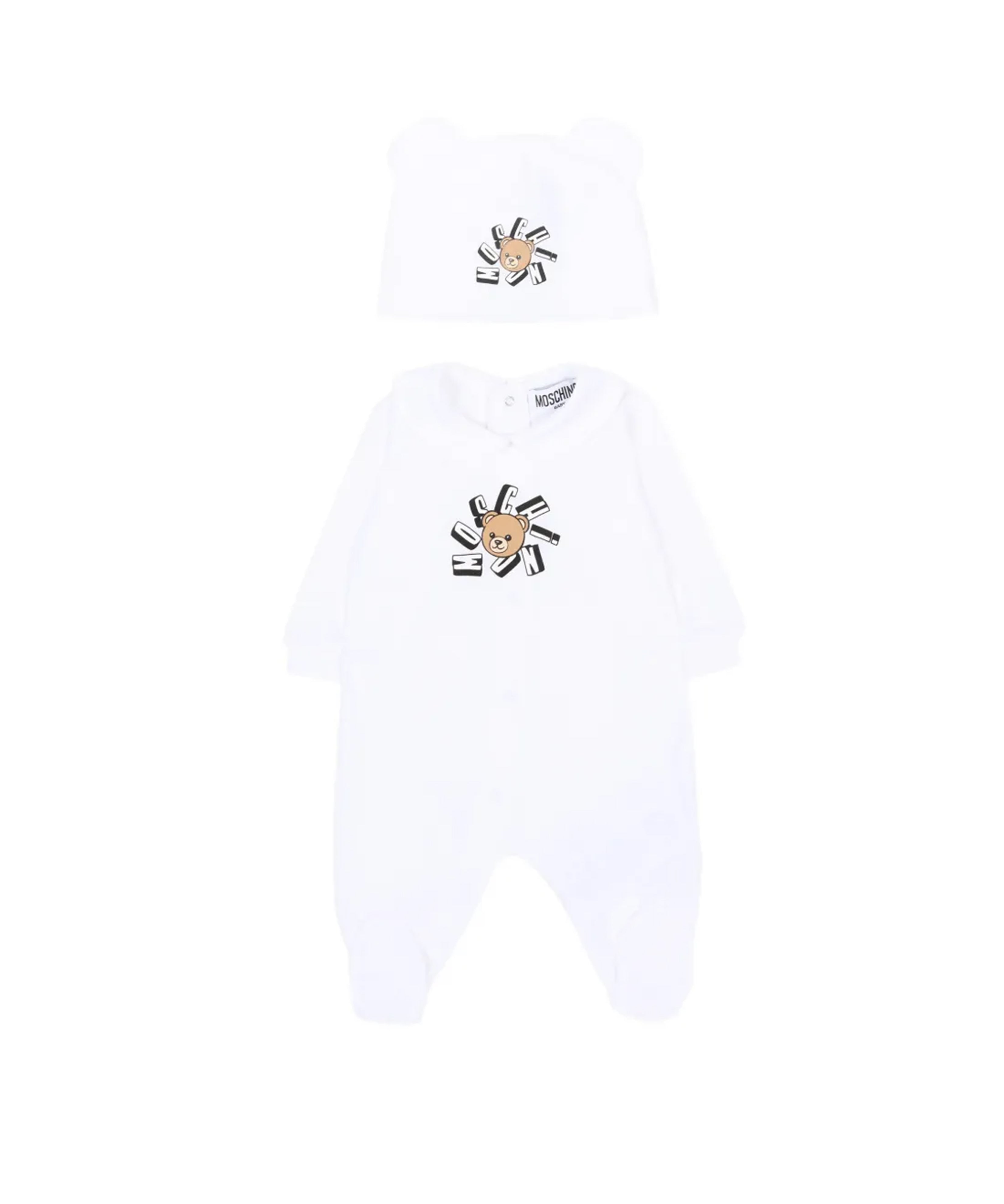Moschino Kids Set 2pz. Tutina e Cappellino Bianco con Stampa Logo Teddy per Neonati