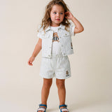 Moschino Kids Smanicato in Denim Bianco a Strisce con Teddy Bear per Neonate