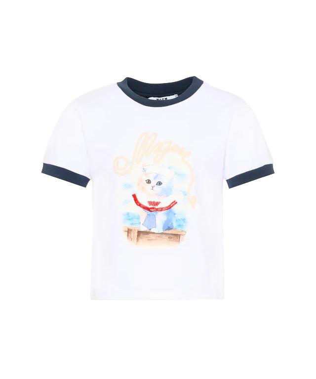 Msgm Kids T-Shirt Bianco e Blu con Stampa per Bambine