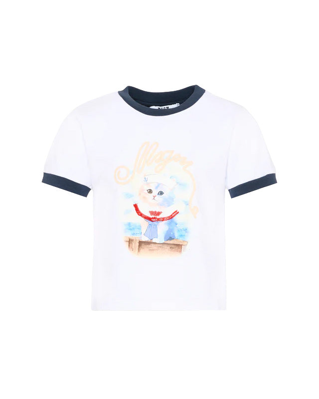 Msgm Kids T-Shirt Bianco e Blu con Stampa per Bambine