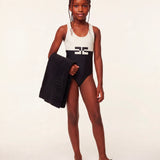 Elisabetta Franchi La Mia Bambina Costume 1pz. Bicolore Avorio/Nero con Logo a Contrasto per Bambine