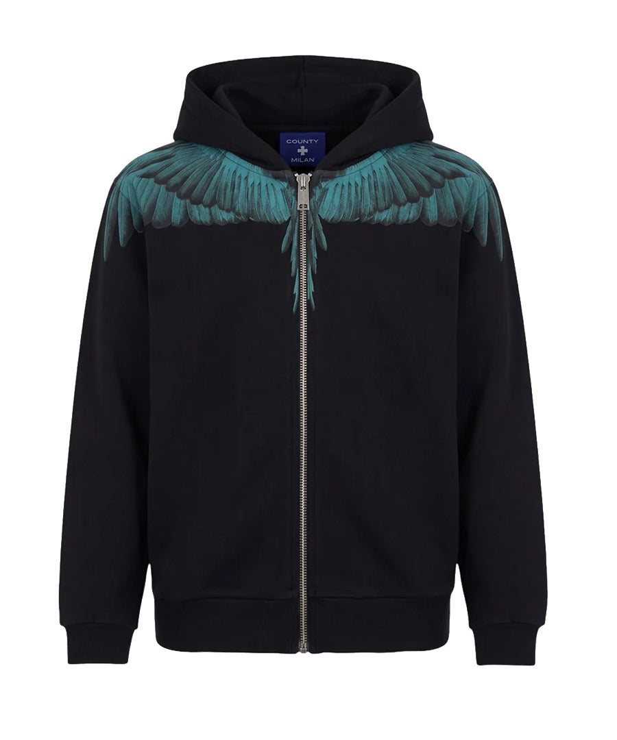 Marcelo Burlon County of Milan Kids Felpa con Zip Nero con Stampa Ali Celeste per Bambini