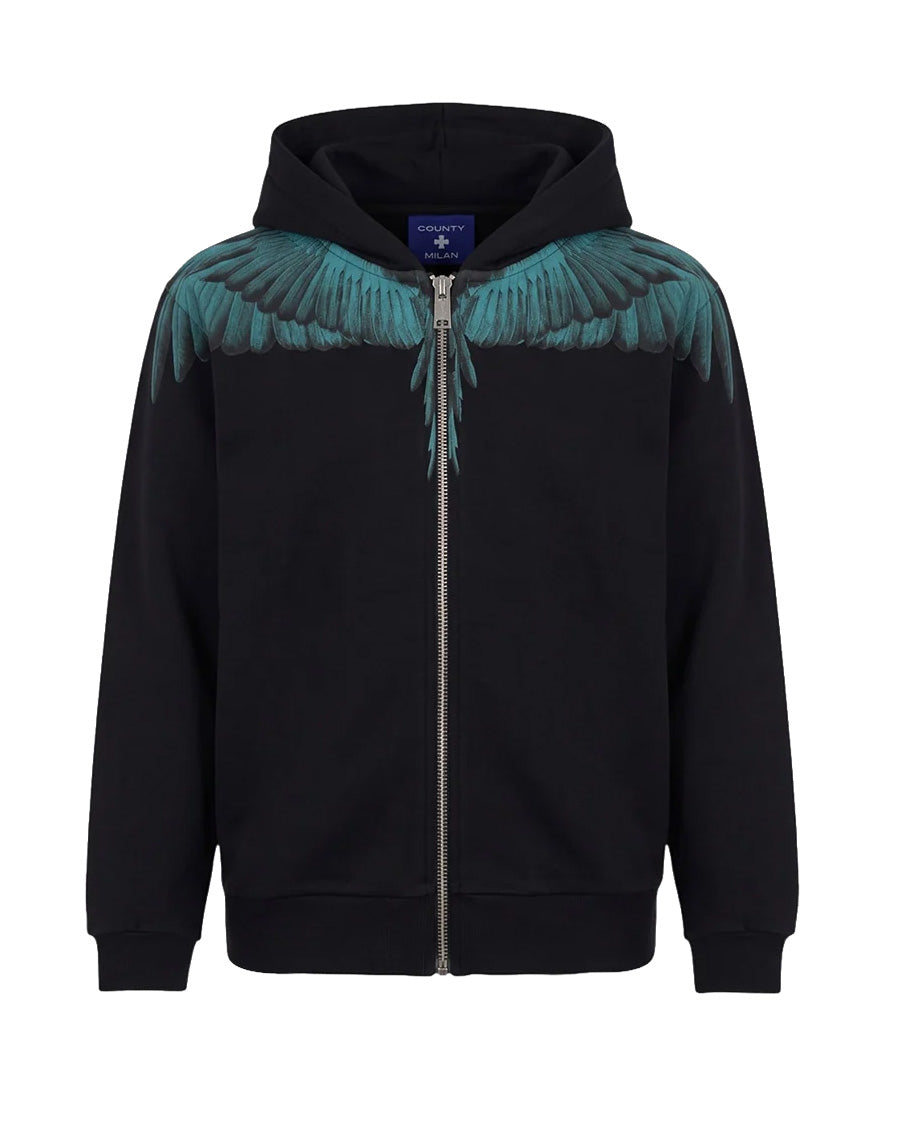 Marcelo Burlon County of Milan Kids Felpa con Zip Nero con Stampa Ali Celeste per Bambini
