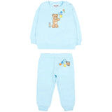 Moschino Kids Completo Celeste in Felpa con Maglia e Pantaloni con Stampa Teddy Bear e Bolle per Neonati