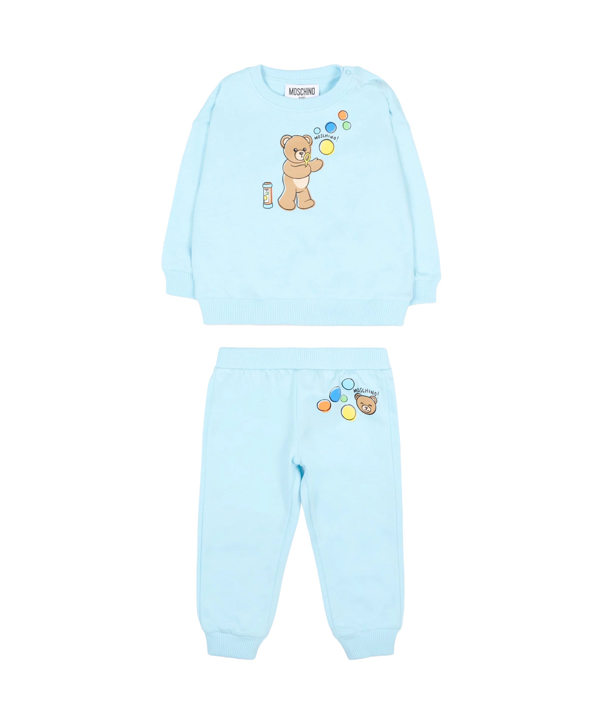 Moschino Kids Completo Celeste in Felpa con Maglia e Pantaloni con Stampa Teddy Bear e Bolle per Neonati