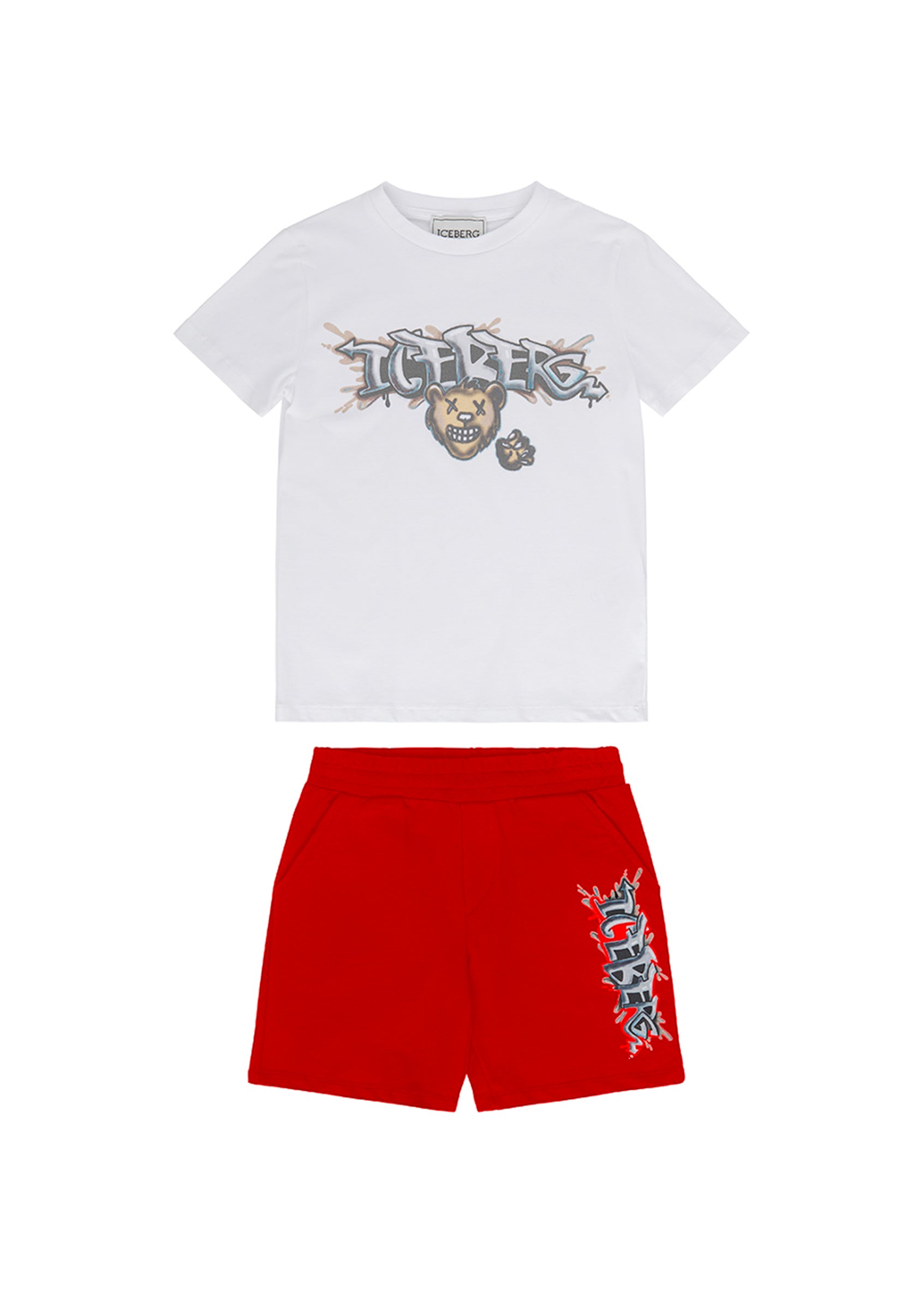 Iceberg Kids T-shirt Bianca con Shorts Rossi con Stampa per Neonati