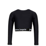 Palm Angels Kids T-shirt Cropped Nera Maniche Lunghe con Fascia Logo a Contrasto per Bambine