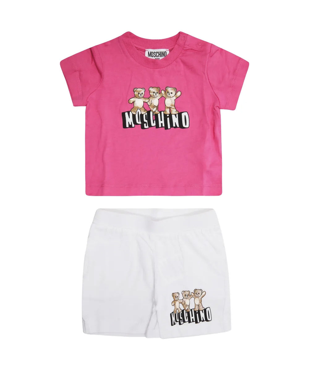 Moschino Kids Completo Bianco/ Fuxia con Logo Teddy per Neonate