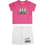 Moschino Kids Completo Bianco/ Fuxia con Logo Teddy per Neonate