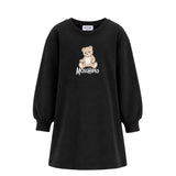 Moschino Kids Vestito Nero in Felpa con Stampa Teddy Bear e Logo per Bambine