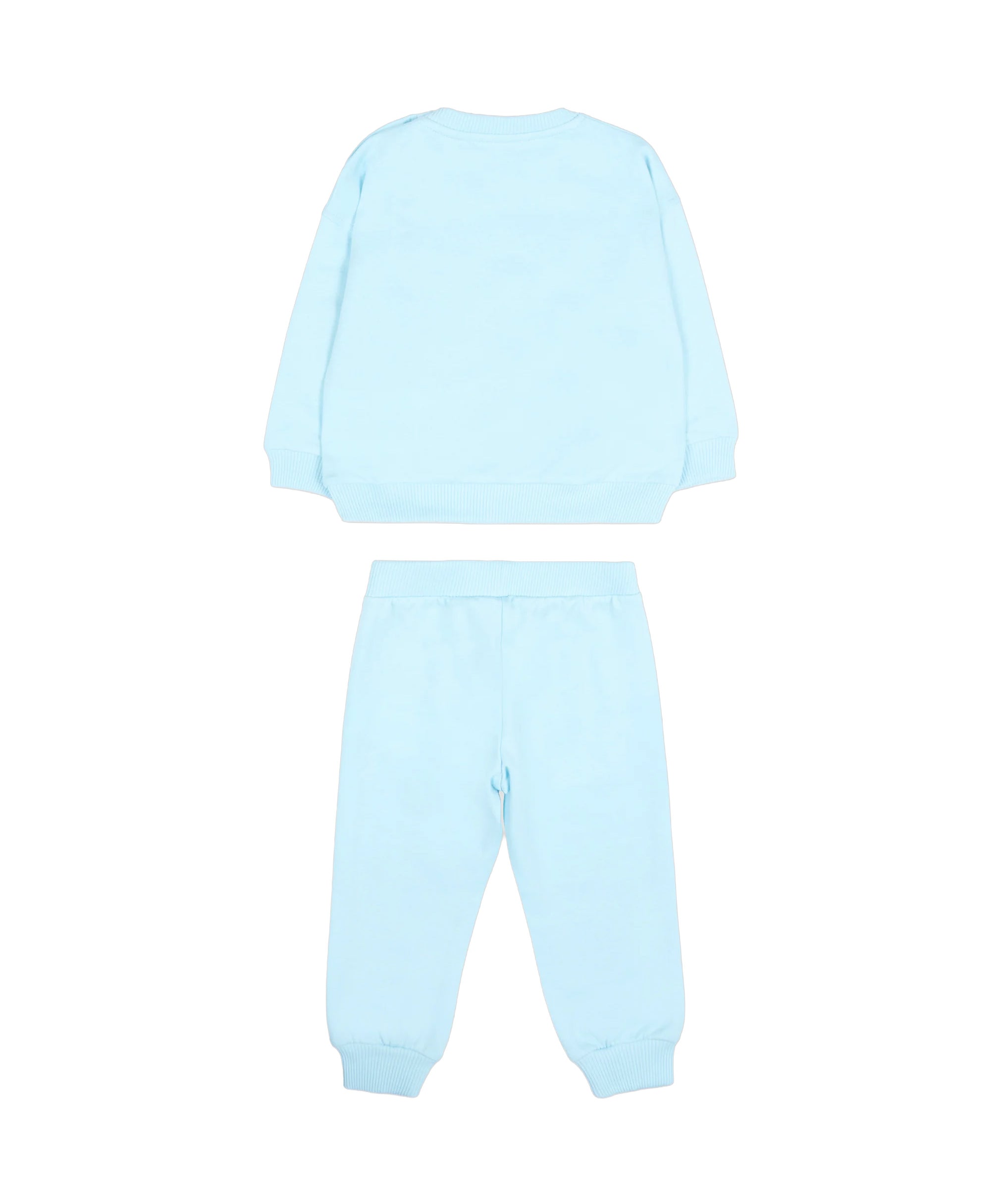Moschino Kids Completo Celeste in Felpa con Maglia e Pantaloni con Stampa Teddy Bear e Bolle per Neonati