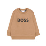 Hugo Boss Kids Felpa Girocollo Beige con Stampa Logo e Apertura con Bottoni Spalla per Neonati