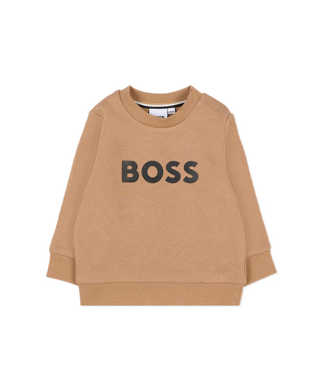 Hugo Boss Kids Felpa Girocollo Beige con Stampa Logo e Apertura con Bottoni Spalla per Neonati