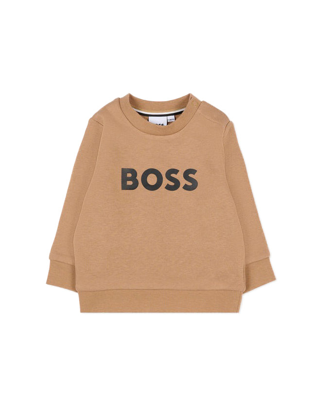 Hugo Boss Kids Felpa Girocollo Beige con Stampa Logo e Apertura con Bottoni Spalla per Neonati