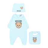 Moschino Kids Set Nascita Celeste con Tutina, Cappellino e Bavaglino con Stampa Teddy Bear e Logo per Neonati