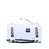 BOSS Kids Copertina Azzurra Bifacciale in Cotone con Stampa Panda Rosso e Orsetti Jacquard per Neonati