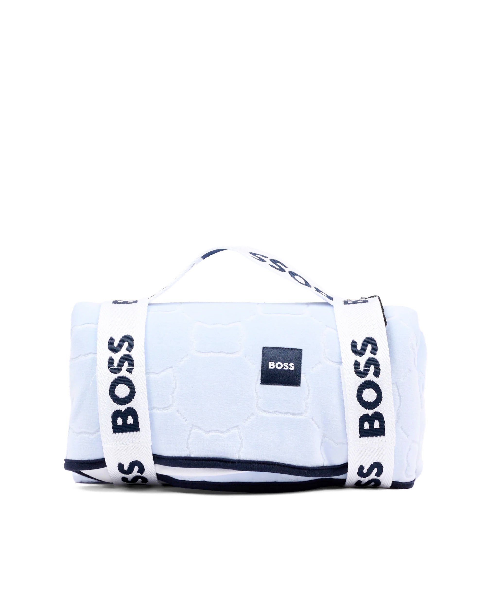 BOSS Kids Copertina Azzurra Bifacciale in Cotone con Stampa Panda Rosso e Orsetti Jacquard per Neonati